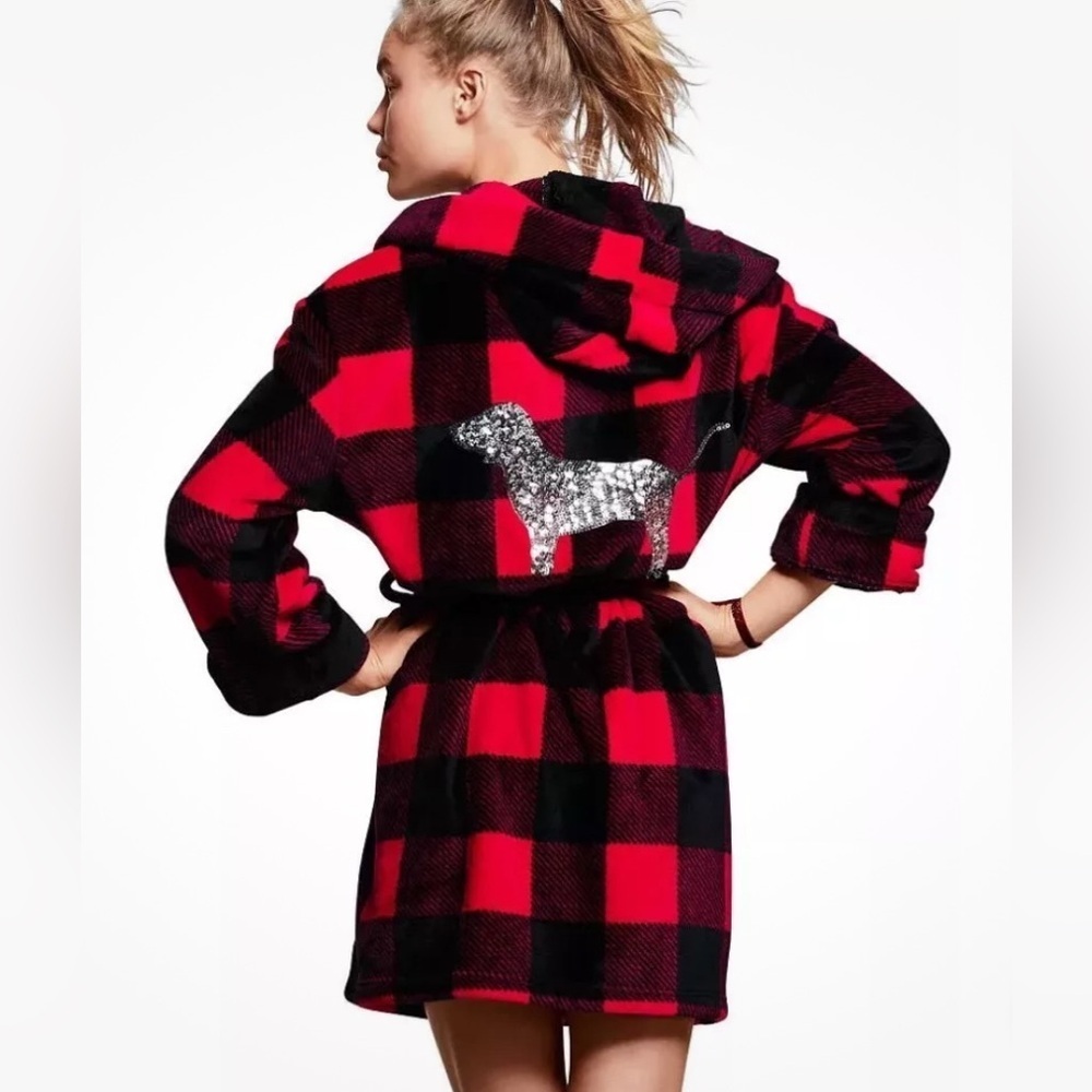 PINK Victoria’s Secret Red & Black Buffalo Plaid Sequin Dog Hooded Robe Sz. XS/S